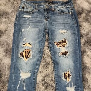 Judy Blue Blue Skinny Jeans with Distressed Rips and Animal Print Patches